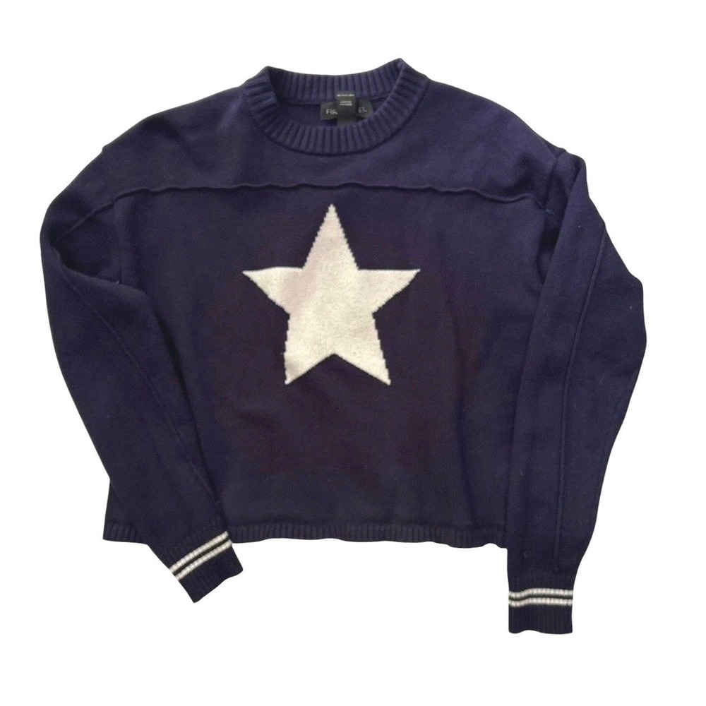 Arden B Navy Star Intarsia Sweater Pull Over Crew Neck S/M Americana Coastal - Picture 2 of 9